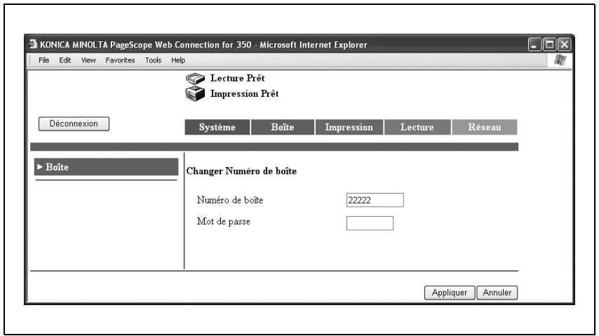 KONICA MINOLTA BIZHUB 250 PH2 5 BOX - Tapez le numero et le mot de passer de la boîte utiliser et cliquez sur [Appliquer]. - 1