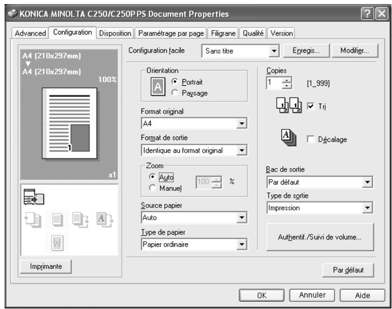 KONICA MINOLTA BIZHUB C250P - Pour enregistrer les paramètres du pilote - 1