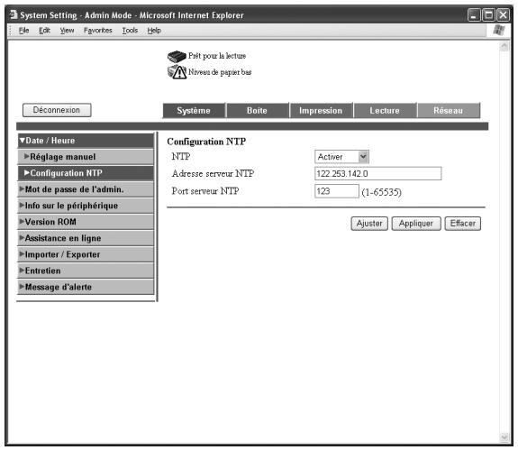 KONICA MINOLTA IC 204 CONTROLLER - Onglet Système — Date/Heure — Configuration NTP - 1