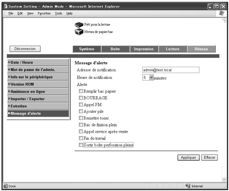 KONICA MINOLTA IC 204 CONTROLLER - Onglet Système — Message d'alerte - 1
