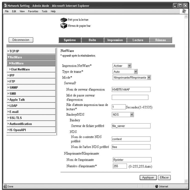 KONICA MINOLTA IC 204 CONTROLLER - En mode administrateur de PageScope Web Connection, sélectionnez "NetWare" sur l'onglet Réseau et spécifiez les paramètres suivants. - 1