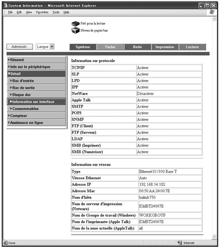 KONICA MINOLTA IC 204 CONTROLLER - Onglet Système — Détail — Information sur interface - 1