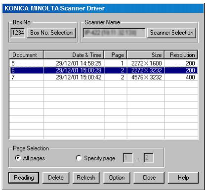 KONICA MINOLTA KM 7222 DOCU FOLDER - Dans la liste de l'écran principal du [Pilote de scanner réseau KONICA MINOLTA], sélectionnez les données numérisées à importer. - 1
