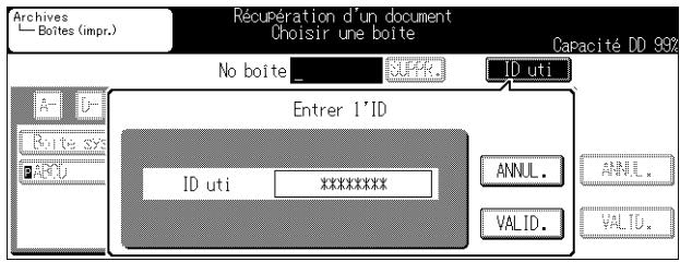 KONICA MINOLTA KM 7222 DOCU FOLDER - Pour ouvrir une boîte pour laquelle un ID utilisateur a été défini, appuyez sur ID uti, saisissez l'ID utilisateur (8 chiffres maximum) sur l'écran affiché, puis appuyez sur VALID. - 1
