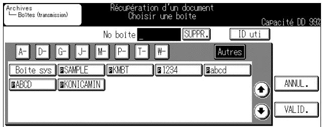 KONICA MINOLTA KM 7222 DOCU FOLDER - Pour sélectionner une boîte, appuyez sur CHOISIR CARACTERE A RECHERCHER et sur la touche dont la lettre ou le numéro (Autres) représente la première lettre de la boîte que vous recherchez. Vous pouvez également saisir le No. de la boîte (entre 1 et 9 chiffres) à l'aide du pavé numérique dans "No. boîte", puis sélectionner le dossier Archives dans lequel stocker le document et appuyer sur VALID. - 1