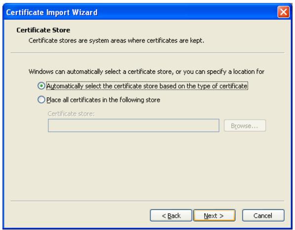 KONICA MINOLTA SU 501 PH2 5 - Sélectionnez la case "Automatically select the certificate store based on the type of certificate" et cliquez ensuite sur [Next]. - 1