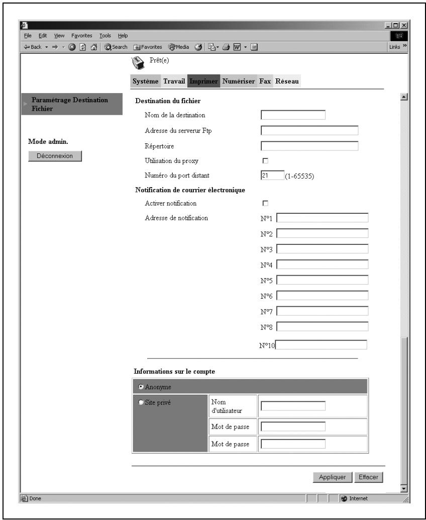 KONICA MINOLTA SU 502 SCANNER - L'écran Destination du fichier apparaît. Entrez les informations nécessaires et cliquez sur le bouton [Appliquer]. - 1