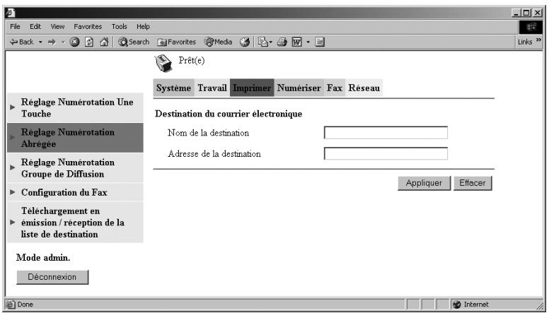 KONICA MINOLTA SU 502 SCANNER - Tapez le nom de la destination et l'adresse E-mail sous Destination de courrier électronique, et cliquez sur le bouton [Appliquer]. - 1