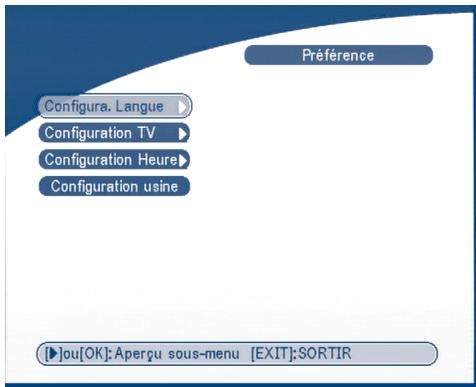 Préférence Configura. Langue Configuration TV Configuration Heure Configuration usine [▶]ou[OK]:Aperçu sous-menu [EXIT]:SORTIR
