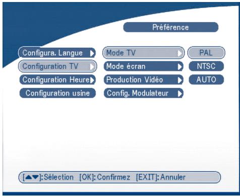 Préférence Configura. Langue ▶ Mode TV ▶ PAL Configuration TV ▶ Mode écran ▶ NTSC Configuration Heure ▶ Production Vidéo ▶ AUTO Configuration usine ▶ Config. Modulateur ▶ [▲▼]:Sélection [OK]: Confirmez [EXIT]: Annuler