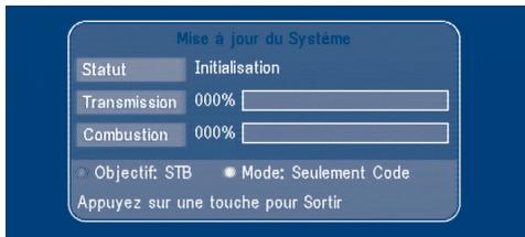 Mise à jour du Systeme Statut Initialisation Transmission 000% Combustion 000% Objectif: STB Mode: Seullement Code Appuyez sur une touche pour Sortir
