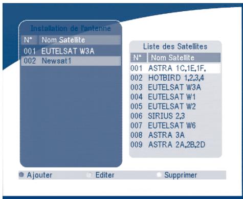 Installation de l'antenne N° Nom Satellite 001 EUTELSAT W3A 002 Newsat1 Liste des Satellites N° Nom Satellite 001 ASTRA 1C,1E,1F, 002 HOTBIRD 1,2,3,4 003 EUTELSAT W3A 004 EUTELSAT W1 005 EUTELSAT W2 006 SIRIUS 2,3 007 EUTELSAT W6 008 ASTRA 3A 009 ASTRA 2A,2B,2D Ajouter Editer Supprimer