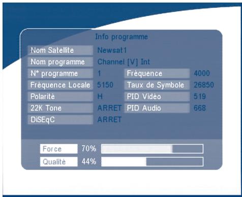 Info programme Nom Satellite Newsat1 Nom programme Channel [V] Int N° programme 1 Fréquence 4000 Fréquence Locale 5150 Taux de Symbole 26850 Polarité H PID Vidéo 519 22K Tone ARRET PID Audio 668 DiSEqC ARRET Force 70% Qualité 44%