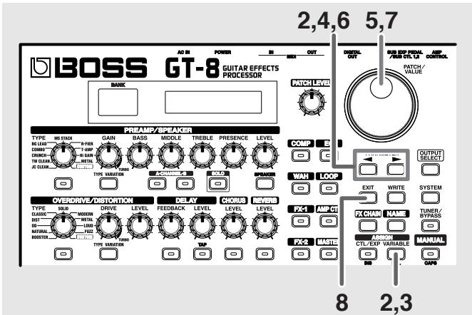 BOSS GT-8 - Utilisation du volume de la guitare pour modifier les paramètres sélectionnés (assign source) - 1