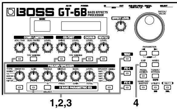 BOSS GT6B - Activation/désactivation des effets par le biais des boutons - 1