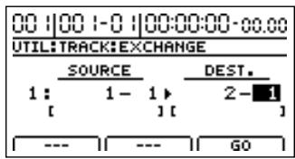 BOSS BR-1200 CD - Utilisez les boutons [CURSOR] et la molette time/value pour sélectionner les pistes et pistes virtuelles entre lesquelles l'échange doit se faire. - 1
