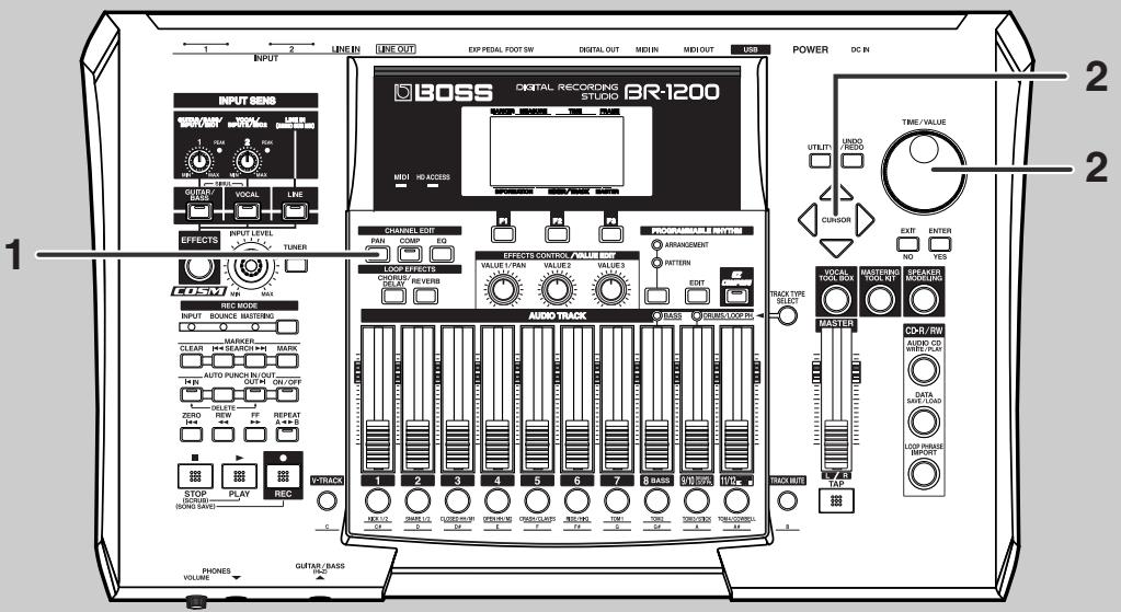 BOSS BR-1200 CD - Réglage de la position stéréo du signal d'entrée (pan) - 1