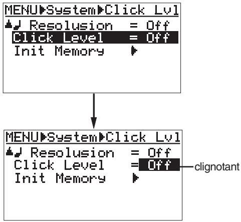FOSTEX MR8 - 2) Avec la touche [CURSOR], sélectionnez "click level" (niveau du click) puis pressez la touche [ENTER]. - 1