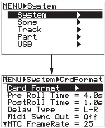 FOSTEX MR8 - 1) En page de sélection de menu, avec la touche [CURSOR], sélectionnez "system" puis pressez la touche [ENTER]. - 1