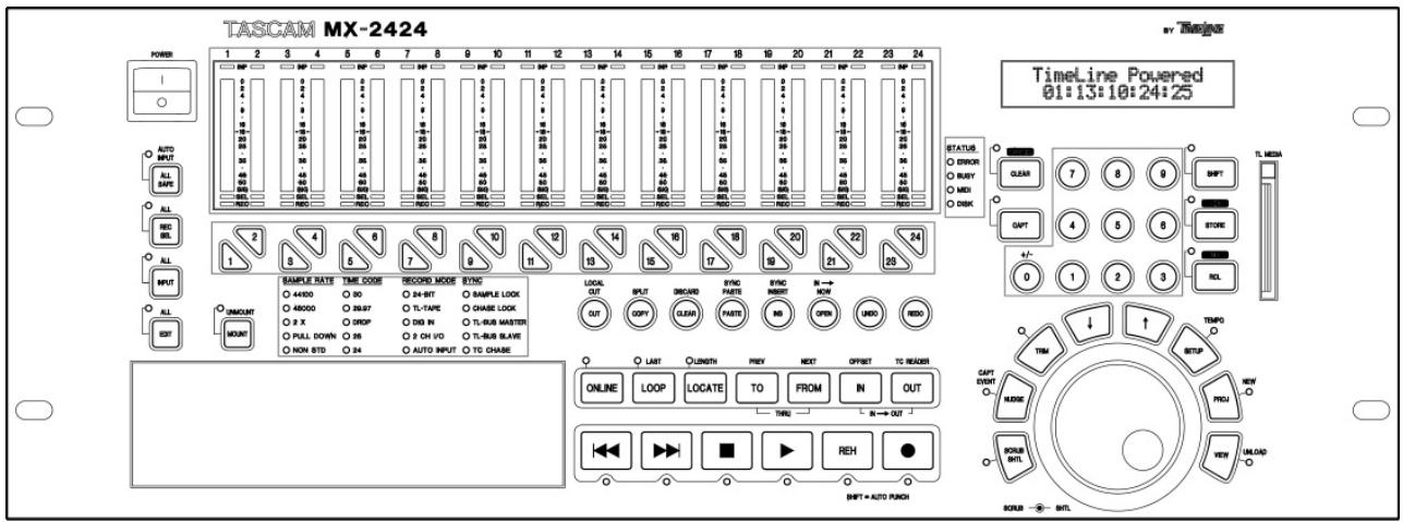TASCAM MX-2424 POWER 1 2 3 4 5 6 7 8 9 10 11 12 13 14 15 16 17 18 19 20 21 22 23 24 AUTO INPUT ALL SAFE ALL RED BIS ALL INPUT ALL OUTPUT ON/OFF MOUNT SAMPLE RATE TIME CODE SECOND MODE BIOS ○ 44000 ○ 90 ○ 24-BIT ○ SAMPLE LOOK ○ 48000 ○ 28.87 ○ TL-CARE ○ CHARGE LOOK ○ × X1 ○ DROP ○ DIB IN ○ TL-RUB MASTER ○ TL-RUB SLAVE ○ PULL DOWN ○ 35 ○ CH V/O ○ TL-RUB SLAVE ○ NON STD ○ 24 ○ AUTO INPUT ○ TC CHASE MODAL OUT SPLIT SMOARD SYND PARTE INB INSERT N→NOM UNO RECO OUT COPY CLEAR PARTS INB OPEN UNO RECO ○ LAST OUNITH PREY NEXT OFFSET TC READER ONLINE LOOP LOCATE TO FROM IN OUT TIME Line Powered 01:13:10:24:25 STATUS ○ ERROR ○ BUY ○ MDD ○ DISK STATUS GAPT +/- 0 1 2 3 TEMP TIMPO CAPT DOWN RUNS ROBE BITL SHIFT = AUTO PUNCH TIME STORM SETUP NEW PROU VIEW UNLOAD BOSUM - BITL