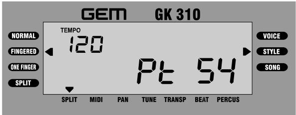GEM GK 310 TEMPOR 120 Pt 54 NORMAL FINGERED ONE FINGER SPLIT SPLIT MIDI PAN TUNE TRANSP BEAT PERCUS VOICE STYLE SONG