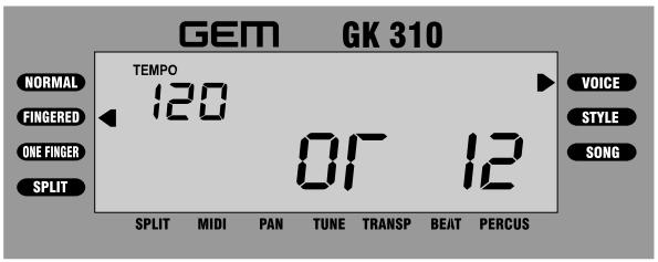 GEM GK 310 TEMP0 120 07 12 SPLIT MIDI PAN TUNE TRANSP BEAT PERCUS NORMAL FINGERED ONE FINGER SPLIT VOICE STYLE SONG