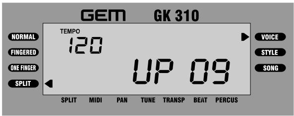 GEM GK 310 TEMPOR 120 UP 09 NORMAL FINGERED ONE FINGER SPLIT SPLIT MIDI PAN TUNE TRANSP BEAT PERCUS VOICE STYLE SONG