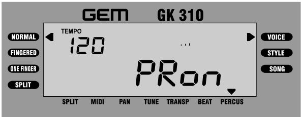 GEM GK 310 TEMPOR 120 PRon SPLIT MIDI PAN TUNE TRANSP BEAT PERCUS NORMAL FINGERED ONE FINGER SPLIT VOICE STYLE SONG