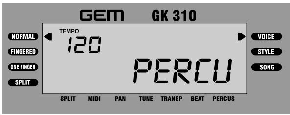 GEM GK 310 TEMPOR 120 PERCU NORMAL FINGERED ONE FINGER SPLIT SPLIT MIDI PAN TUNE TRANSP BEAT PERCUS VOICE STYLE SONG GK 310