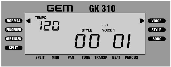 GEM GK 310 TEMPOR 120 STYLE VOICE 1 VOICE FINGERED STYLE ONE FINGER SPLIT SPLIT MIDI PAN TUNE TRANSP BEAT PERCUS SONG