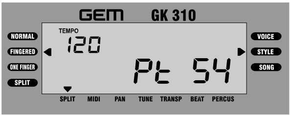 GEM GK 310 TEMPOR 120 Pt 54 NORMAL FINGERED ONE FINGER SPLIT SPLIT MIDI PAN TUNE TRANSP BEAT PERCUS VOICE STYLE SONG