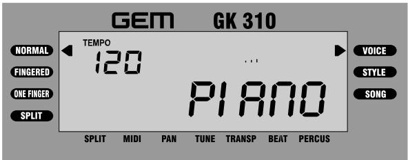 GEM GK 310 TEMPOR 120 Piano SPLIT MIDI PAN TUNE TRANSP BEAT PERCUS NORMAL FINGERED ONE FINGER SPLIT VOICE STYLE SONG