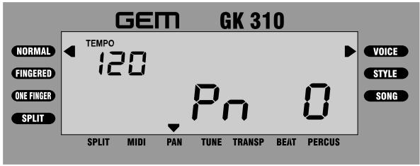 GEM GK 310 TEMPOR 120 Pn 0 SPLIT MIDI PAN TUNE TRANSP BEAT PERCUS NORMAL FINGERED ONE FINGER SPLIT VOICE STYLE SONG