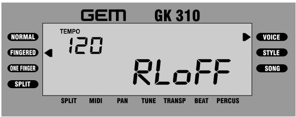 GEM GK 310 TEMPOR 120 RLoFF NORMAL FINGERED ONE FINGER SPLIT SPLIT MIDI PAN TUNE TRANSP BEAT PERCUS VOICE STYLE SONG RLOFF