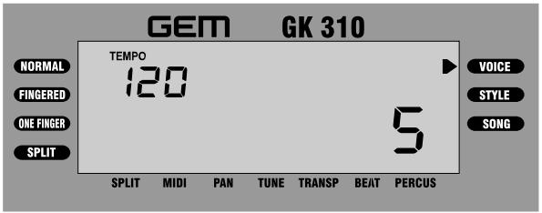 GEM GK 310 TEMP0 120 VOICE FINGERED ONE FINGER 5 SPLIT MIDI PAN TUNE TRANSP BEAT PERCUS STYLE SONG