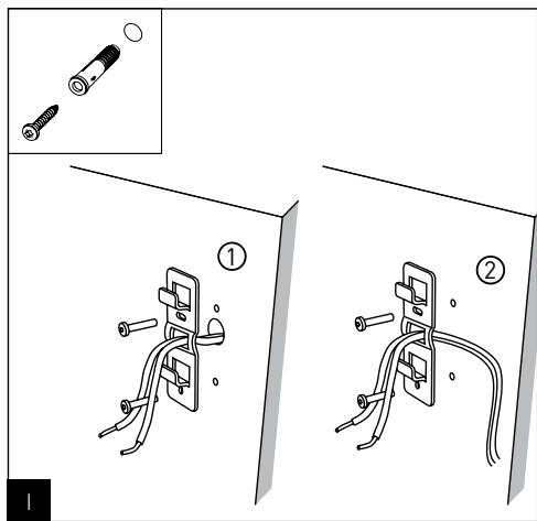 Technical diagram showing two installation steps of a wall-mounted cable or connector, labeled with components and numbered callouts.