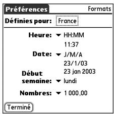PALM TREO 650 ORANGE - Définition des formats de date et d'heure - 1