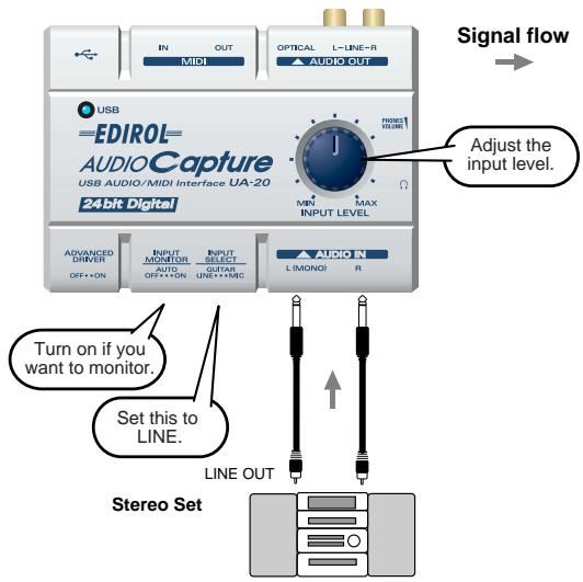 EDIROL UA-20 - Recording an analog signal from an audio device - 1
