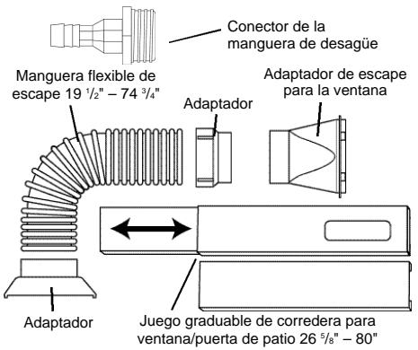 Conector de la manguera de desagüe Manguera flexible de escape 19 1/2" - 74 3/4" Adaptador Adaptador de escape para la ventana Adaptador Juego graduable de corredera para ventana/puerta de patio 26 5/8" - 80"