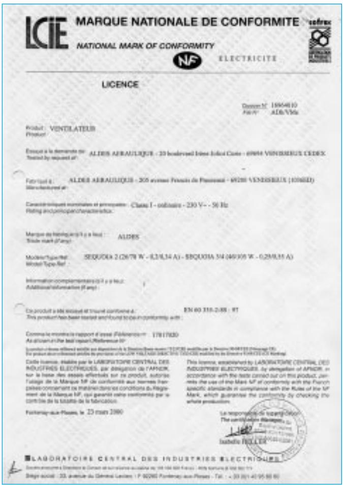 ALDES SEKOIA - Certification NF electricite - 1