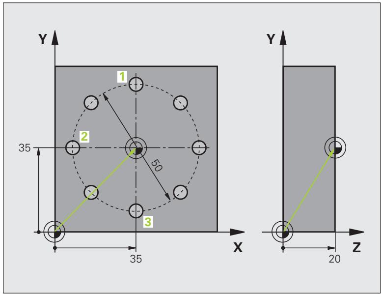 HEIDENHAIN TNC 620 - Exemple: Initialiseier le point de référence arête supérieure de la piece et centre du cercle de trous - 1