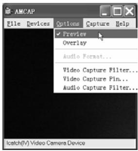 AMCAP File Devices Options Capture Help Preview Overlay Audio Format... Video Capture Filter... Video Capture Pin... Audio Capture Filter... Icatch(IV) Video Camera Device