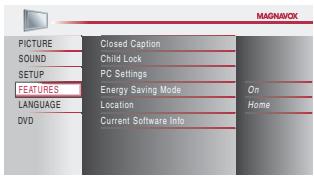 MAGNAVOX 19MD359B - Use [Cursor / ] to select "FEATURES", then press [OK]. - 2