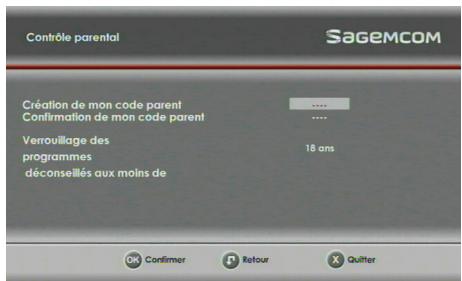 SAGEM DS87HD - Création du code parent et choix du niveau de protection - 1