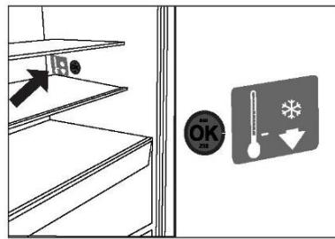 Diagram showing a door with stairs, a thermometer, and a warning sign with 'OK' and '→' symbols