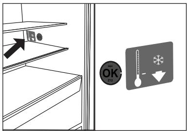 Diagram showing a door with a thermometer and directional arrows, alongside a wall-mounted shelf with a warning sign.