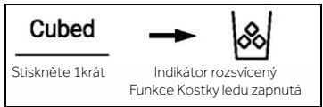 Cubed Stiskněte 1krát → Indikátor rozsvícený Funkce Kostky ledu zapnutá