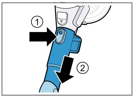 Diagram showing a hand holding a blue medical device with labeled parts ① and ②, indicating step-by-step instructions for device manipulation.