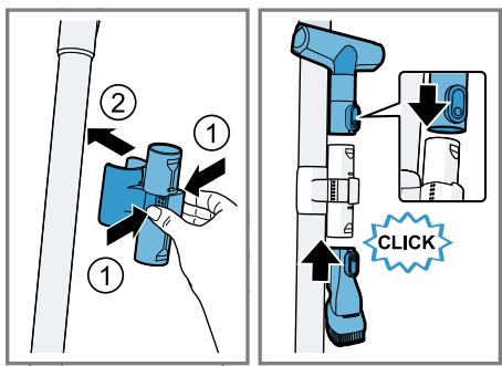 Diagram illustrating a device operation with labeled parts and a 'CLICK' button, showing step-by-step assembly.