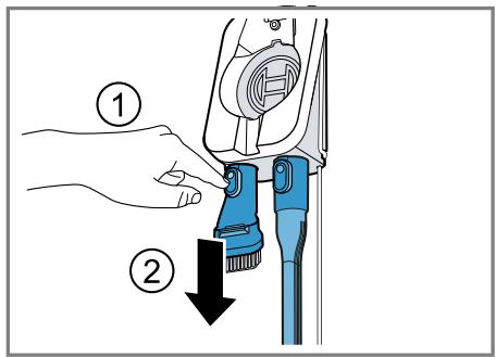 Diagram showing a hand using a blue tool to adjust a component, labeled with step ① and step ②.